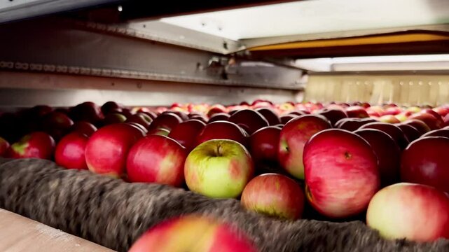 Red apples being cleaned in a washing machine with various brushes, removing dirt, soil, and contaminants, giving them a shine before weighing and packaging