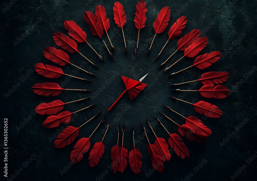 Poster a group of red arrows flying towards the center target, with one arrow hitting it perfectly and the 