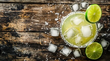 A top-down view of a margarita with a salted rim, lime wedge, and ice cubes, placed on a rustic wooden table with scattered salt.