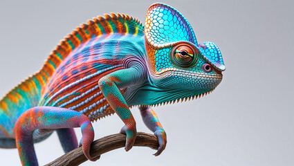 Fototapeta premium Colorful chameleon with vibrant patterned scales sitting on branch closeup high detail realistic nature wildlife photography inspired digital artwork