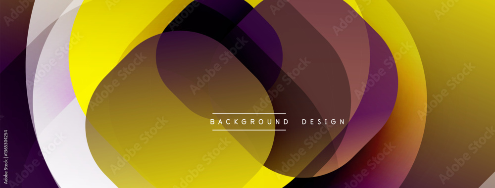 Poster Circular abstract design with overlapping translucent circles and round shapes, blending gradients and smooth curves, creating depth, contrast, and a dynamic visual effect