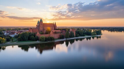 A stunning sunset casts a warm glow over a historic castle by the river, reflecting its beauty in the tranquil water.