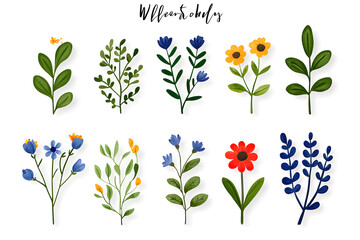 Watercolor wildflowers and leaves illustration set isolated on white