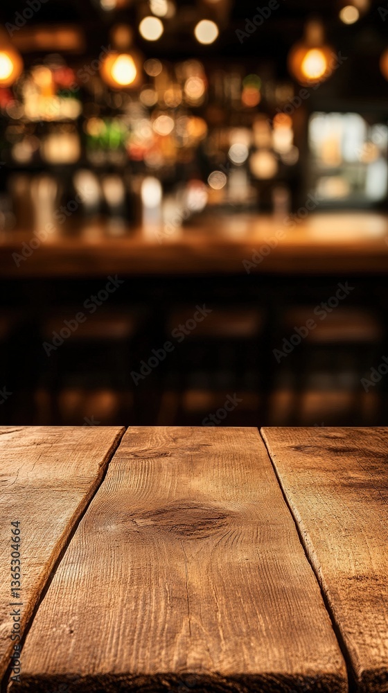 Poster a rustic wooden table set against a softly blurred bar background, creating a warm and inviting atmo