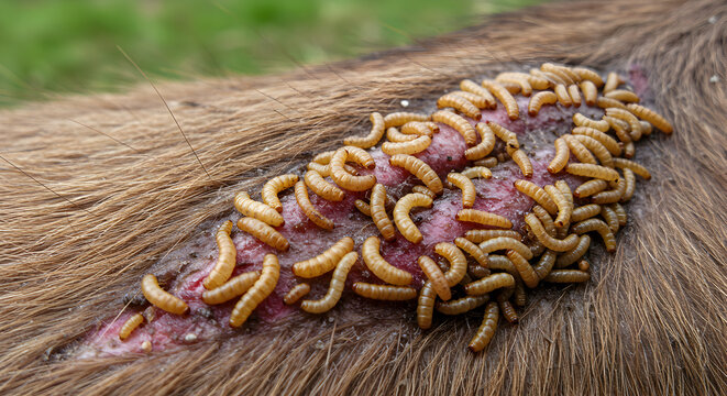 Severe Myiasis Infestation: Larvae Covering a Skin Wound on Animal Skin