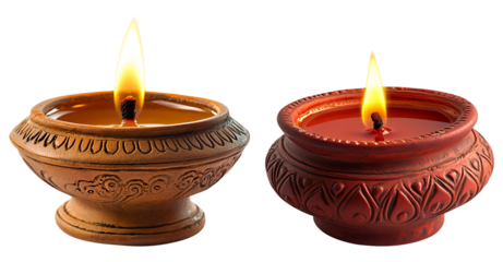 2 diya lamps glowing brightly, symbolizing inner light, isolated on fully transparent png background