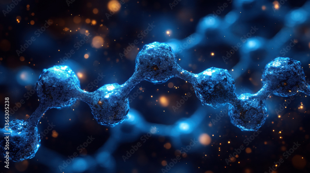 Poster abstract blue molecular structure with glowing particles - 3d microscopic background