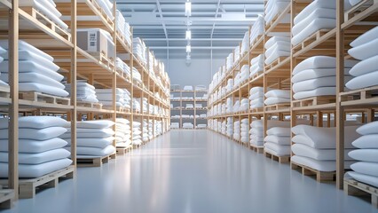 A neatly organized warehouse or storage area filled with stacks of white mattresses on wooden shelving units. Concept Organized Warehouse, Mattress Storage, Wooden Shelving