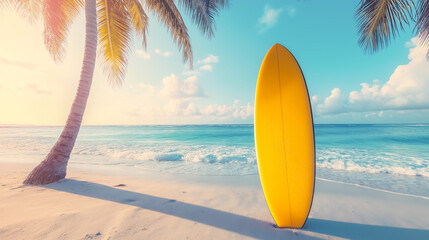 Bright yellow surfboard stands on sandy beach under palm tree at sunset by the ocean