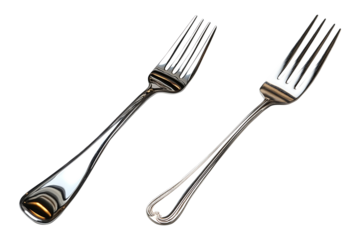 Two clean silver stainless steel forks, isolated on fully transparent png background