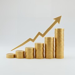 3d illustration of golden coins stack with growing arrow graph over white background