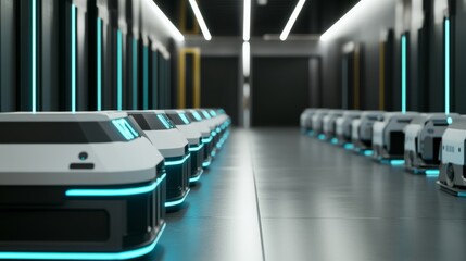 A futuristic AI controlled robotics lab developing autonomous machines for industrial applications with advanced sensors and AI driven programming, Industrial innovation style, photo of