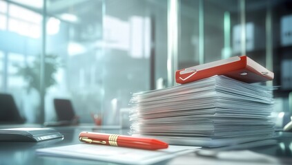 Stack of documents with a red binder and pen in a modern office setting.