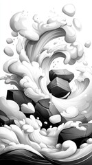 Dynamic water wave crash rocky coastline digital artwork monochrome environment artistic perspective