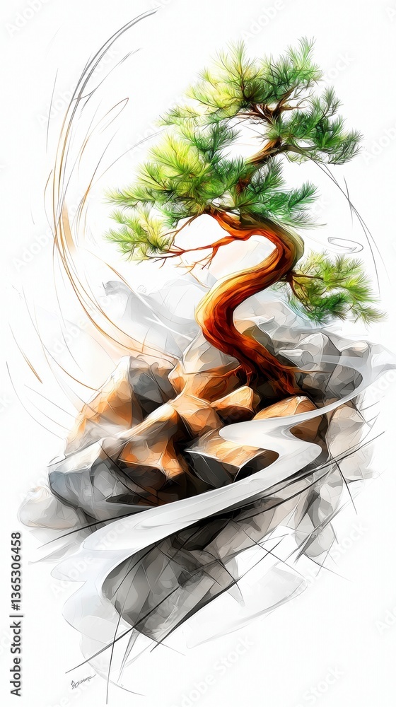 Poster dynamic bonsai tree art nature setting digital illustration tranquil environment close-up view resil