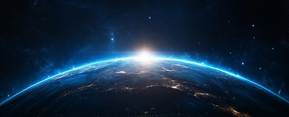 Fototapeta premium Abstract Digital Network with Glowing Blue Planet Earth on Dark Background