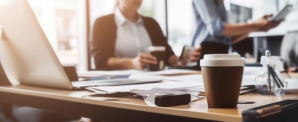 Office setting with blurred employees engaging in discussion and coffee cups on the table.