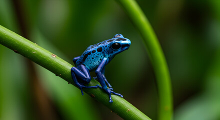 Vibrant azure poison dart frog climbing a verdant vine in the rainforest