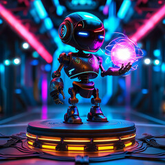 Halloween product display background podium, 3D round podium with an AI-driven robotic skeleton holding a neon energy orb, futuristic metallic environment with blue and purple lighting, ad