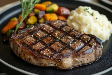 Richly marbled grilled steak accompanied by vibrant mixed vegetables and smooth mashed potatoes, creating a satisfying dining experience Generative AI