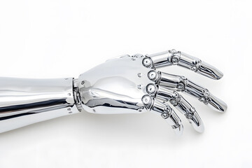 Close-up 3d Chrome Metal Futuristic Robotic hand gesture, glossy texture, isolated on white background. Cyborg robotic hand