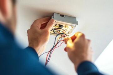 An electrician is repairing a ceiling light fixture in a residential setting, focusing on wiring and connections for proper installation Generative AI