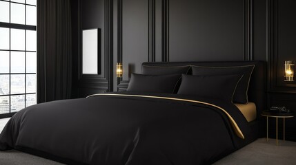 Fototapeta premium Chic black-and-gold themed luxury hotel bedroom with sleek bedding and dramatic lighting