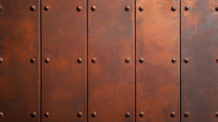 Fototapeta premium textured bronze metal plate with rivets, showcasing rustic and industrial design. surface features warm patina, adding character and depth to overall appearance