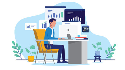 Man in office sitting at desk working with data, charts and diagrams on desktop computer. Flat design vector illustration with white background