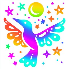 Fototapeta premium Rainbow Hummingbird in a Starry Night A Vibrant Folk Art Illustration