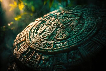 Ancient Mayan stone carving with detailed glyphs and symbols, weathered by time and surrounded by lush greenery, evoking a sense of mystery.