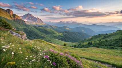Blooming Alpine Meadows at Sunrise. alpine meadow in the mountains, meadows, sunrise, wildflowers, mountains, nature, landscape, scenic, valley, peaceful, beauty, wilderness, adventure, travel