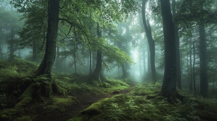 Fototapeta premium A mysterious foggy forest with a trail going through the trees