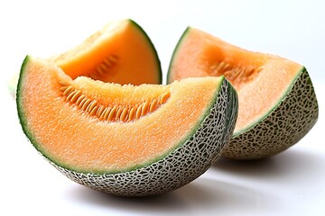Fresh Cantaloupe Slices Isolated on Pure White Background for Healthy Food Concepts