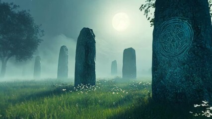 A mystical nighttime scene featuring ancient monolithic stones inscribed with mysterious symbols, illuminated by the glow of a full moon. The foggy atmosphere and eerie lighting  - Powered by Adobe