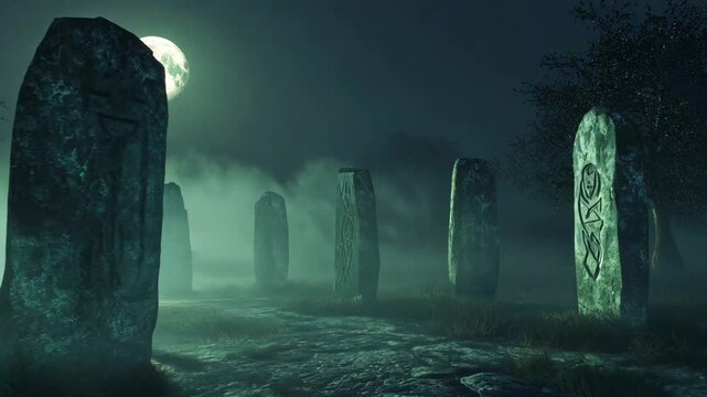 A mystical nighttime scene featuring ancient monolithic stones inscribed with mysterious symbols, illuminated by the glow of a full moon. The foggy atmosphere and eerie lighting 