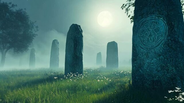 A mystical nighttime scene featuring ancient monolithic stones inscribed with mysterious symbols, illuminated by the glow of a full moon. The foggy atmosphere and eerie lighting 