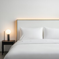 Minimalist white hotel bed with crisp linens, monochrome decor, and warm ambient backlighting