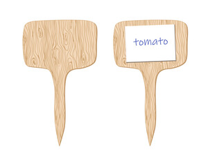 Wooden garden marker with blank paper label and tomato tag