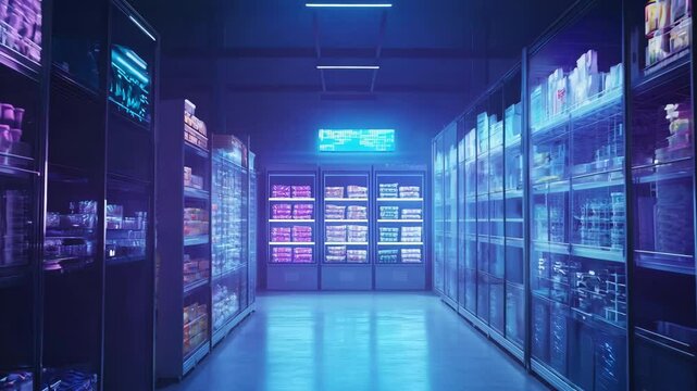 A visually striking supermarket aisle illuminated by vibrant neon blue and purple lights, creating a futuristic and cyberpunk-inspired atmosphere. The sleek glass refrigerators and stocked shelves 