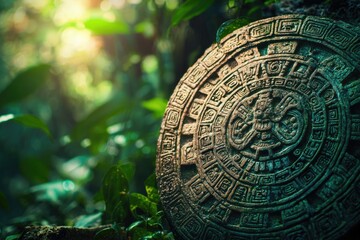 A weathered Mayan calendar stone, covered in intricate carvings, rests amidst lush greenery, illuminated by dappled sunlight in a jungle setting.