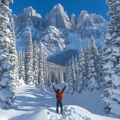 A person stands triumphantly facing snow capped mountain peaks
