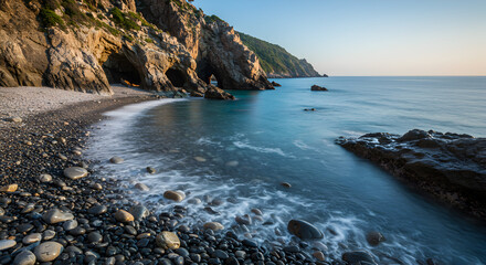 Obraz premium Seascape serenity rocky coastline pebble beach sea caves tranquil azure waters