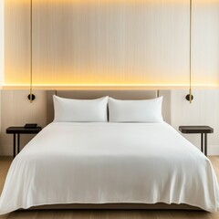 Minimalist hotel suite with a plush bed, neutral tones, and warm golden lighting, high-end interior design