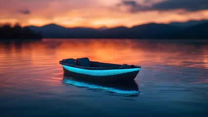 Fototapeta premium A glowing boat is floating on a tranquil lake during a colorful sunset with mountains in the background. Concept Glowing Boat, Tranquil Lake, Colorful Sunset, Mountain Landscape, Serene Reflection