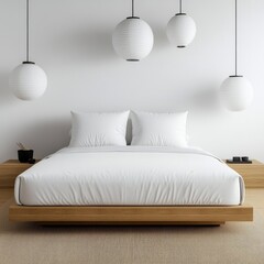 Japanese-style luxury hotel bed with futon-inspired bedding, minimalistic decor, and paper lanterns