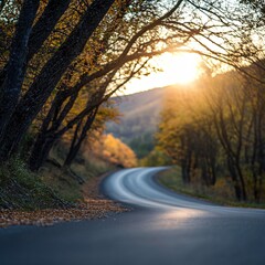 Obraz premium Winding autumn road through forest at sunset, scenic drive, nature background, travel imagery
