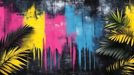 Naklejka premium Tropical Leaves CMYK Paint Drips.