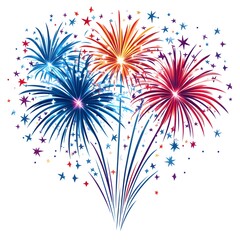 Vibrant red blue and orange fireworks explode in a dazzling display of celebratory pyrotechnics against a bright white background.
