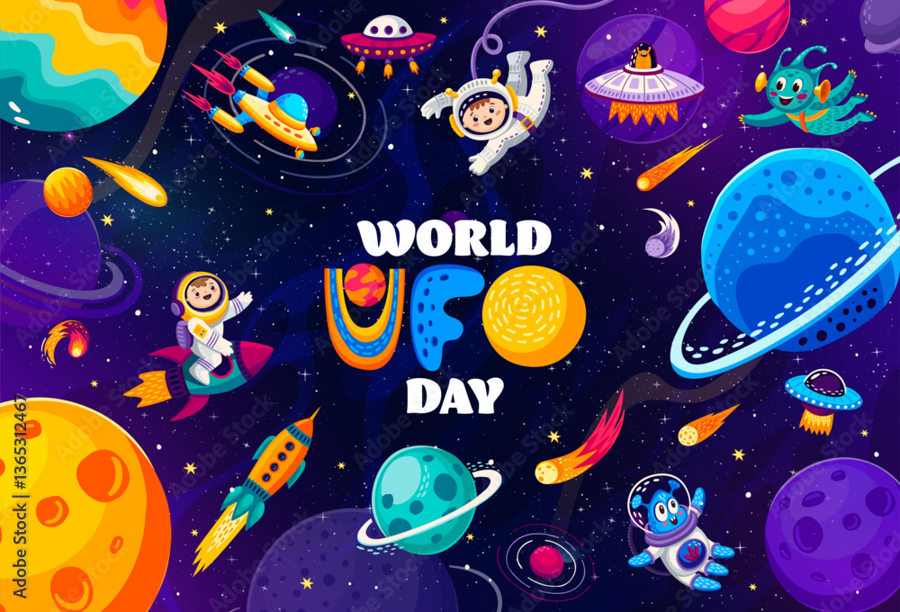 Poster world ufo day banner with flying saucers and funny alien characters in outer space. cartoon vector g